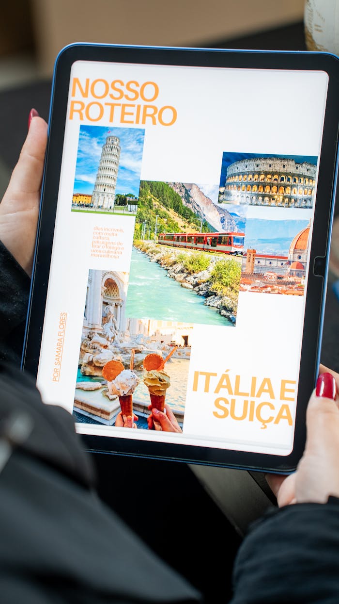 our-experience Digital itinerary with landmarks from Italy and Switzerland displayed on a tablet.