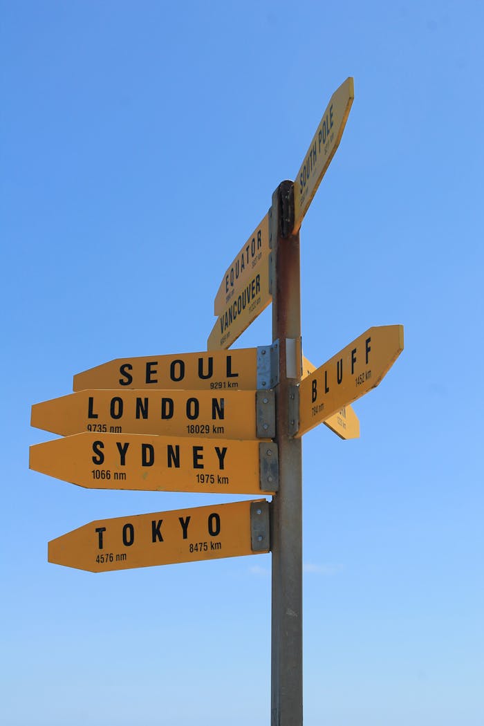 about-02 A yellow signpost displaying distances to international cities against a clear blue sky.