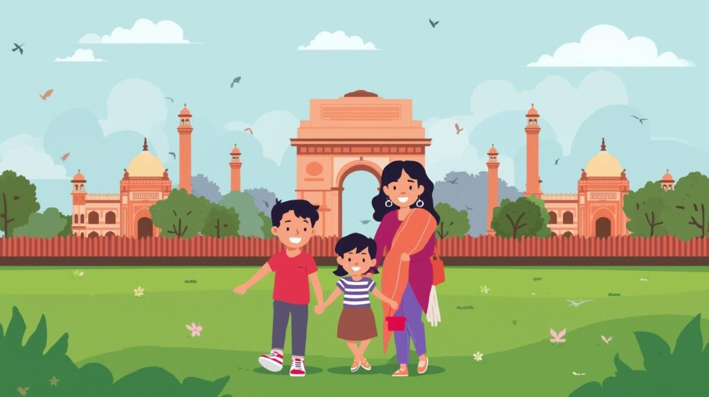 Illustration of a family exploring famous places in Delhi together