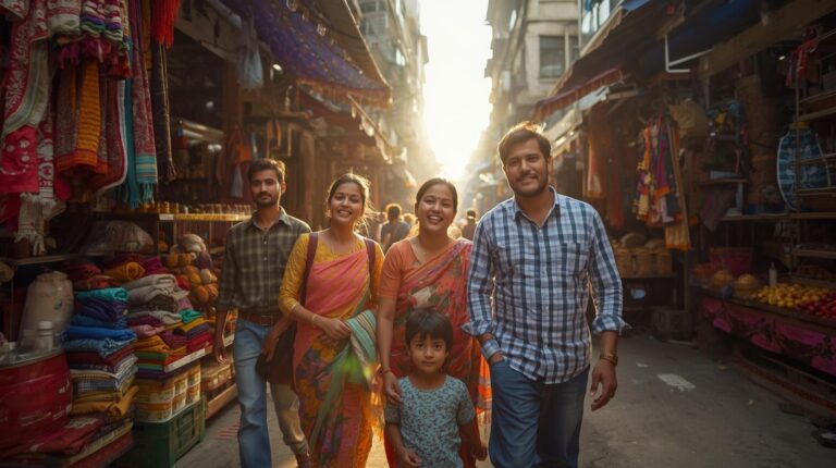 Family walking through a local market in Delhi enjoying a cultural experience